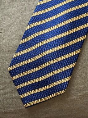 GIANNI VERSACE Blue and Gold Diagonal Geometric Silk Tie